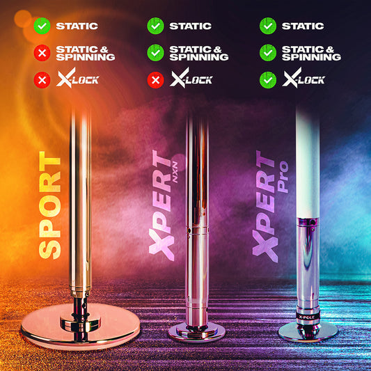Pole Dance static pole and Spin chromed X-pole brand