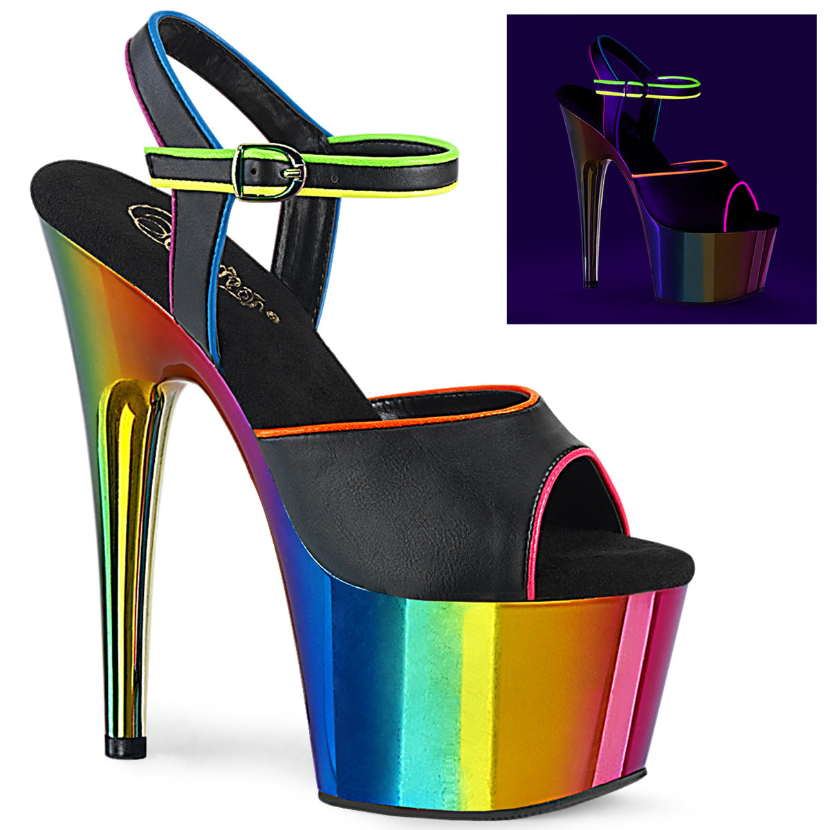 Black Faux Leather/Rainbow Chrome